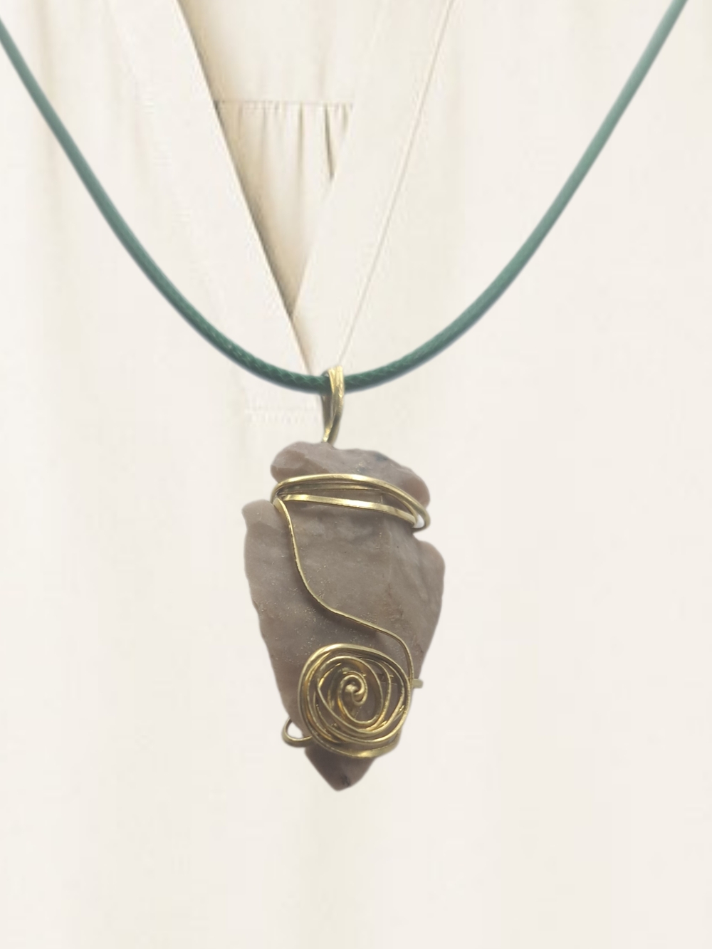 Handmade Brown Arrowhead Pendant w/ Gold Wire Wrap & Cord Necklace